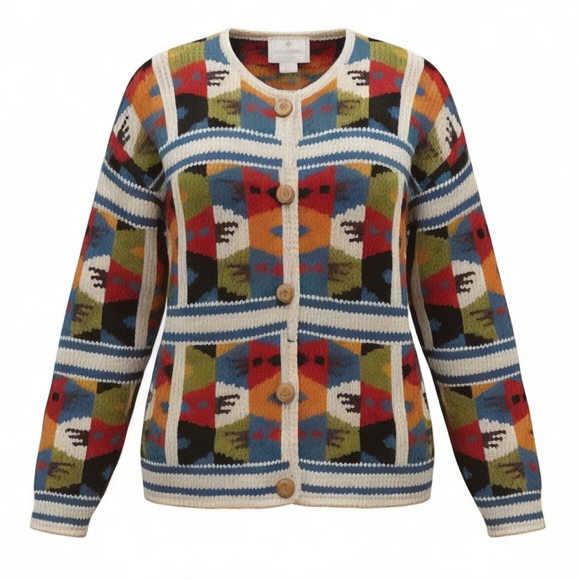 EXPRESS TRICOTHandknitted Wool Cardigan Sweater Multi Color Geometric M/L